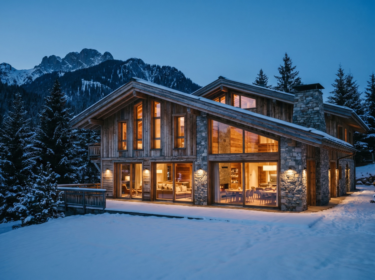 A premium alpine chalet hotel at dusk